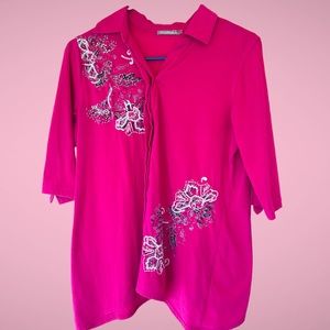 Three Hearts Fun Pink Button Up Floral Top With Sequins. Size Small.